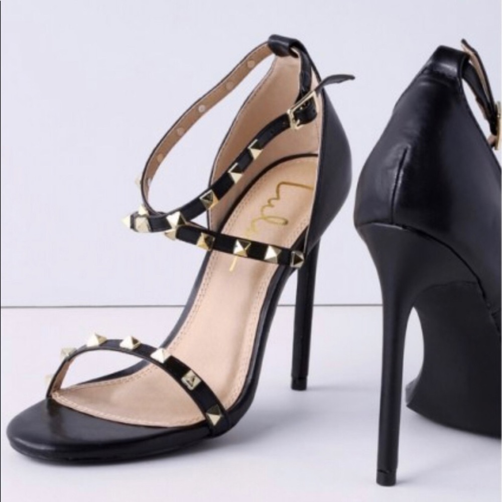 Black Gold Studded Ankle Strap Heels